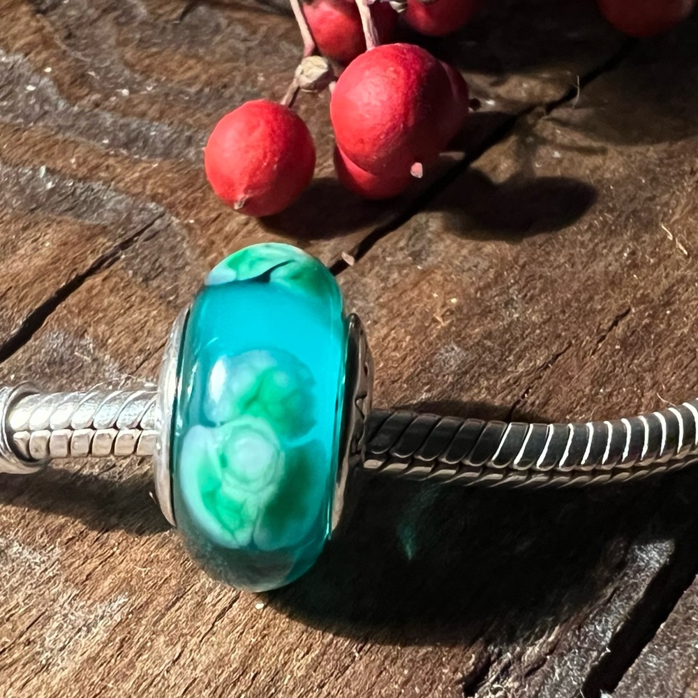 HTF Authentic Pandora Murano Flowers For You Teal Charm Glass Bead Spring
